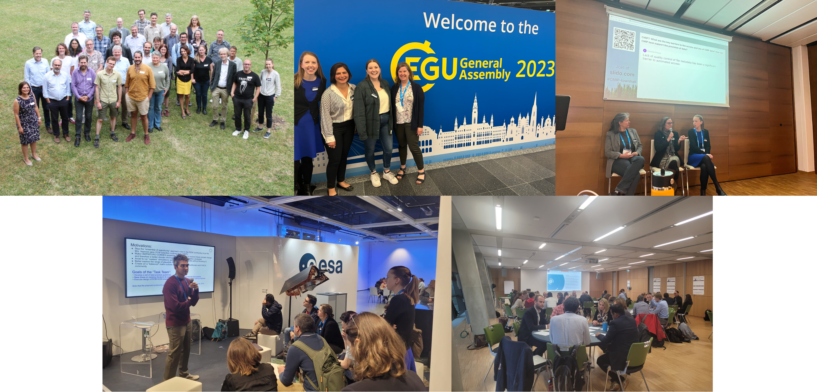 Montage of five photos from CMIP-related events across 2022-2023. Photo 1: Group photo of the participants at the ScenarioMIP workshop in Reading in June 2023. Photo 2: Three members of the CMIP International Project Office (Eleanor O'Rourke, Briony Turner, and Beth Dingley) alongside CMIP Panel member Julie Arblaster at EGU in April 2023. Photo 3: CMIP Panel Co-chair Helene Hewitt, Julie Arblaster and Eleanor O'Rourke speaking on a panel about improving CMIP data access. Photo 4: Stefan Sobolowski giving a presentation to a group of seated people on CMIP model selection for regional downscaling. Photo 5: Picture of people sat at different tables during the GCOS 2022 World Cafe event.